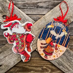 Pair of 1990’s Vintage Mary Engelbreit Ornaments, Santa and Peace, Double-Sided